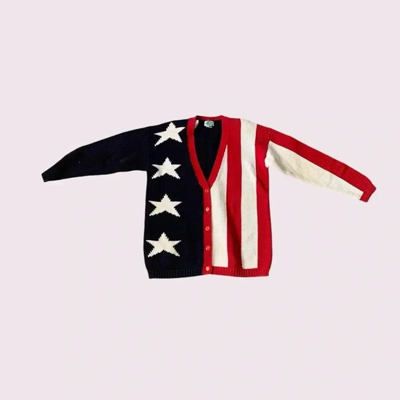 Vintage casual corner 100% cotton American flag V-neck button up sweater - Picture 1 of 8